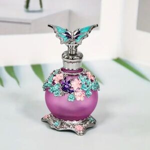 Elegant Purple and Turquoise Miniature Butterfly with Flowers Perfume Bottle